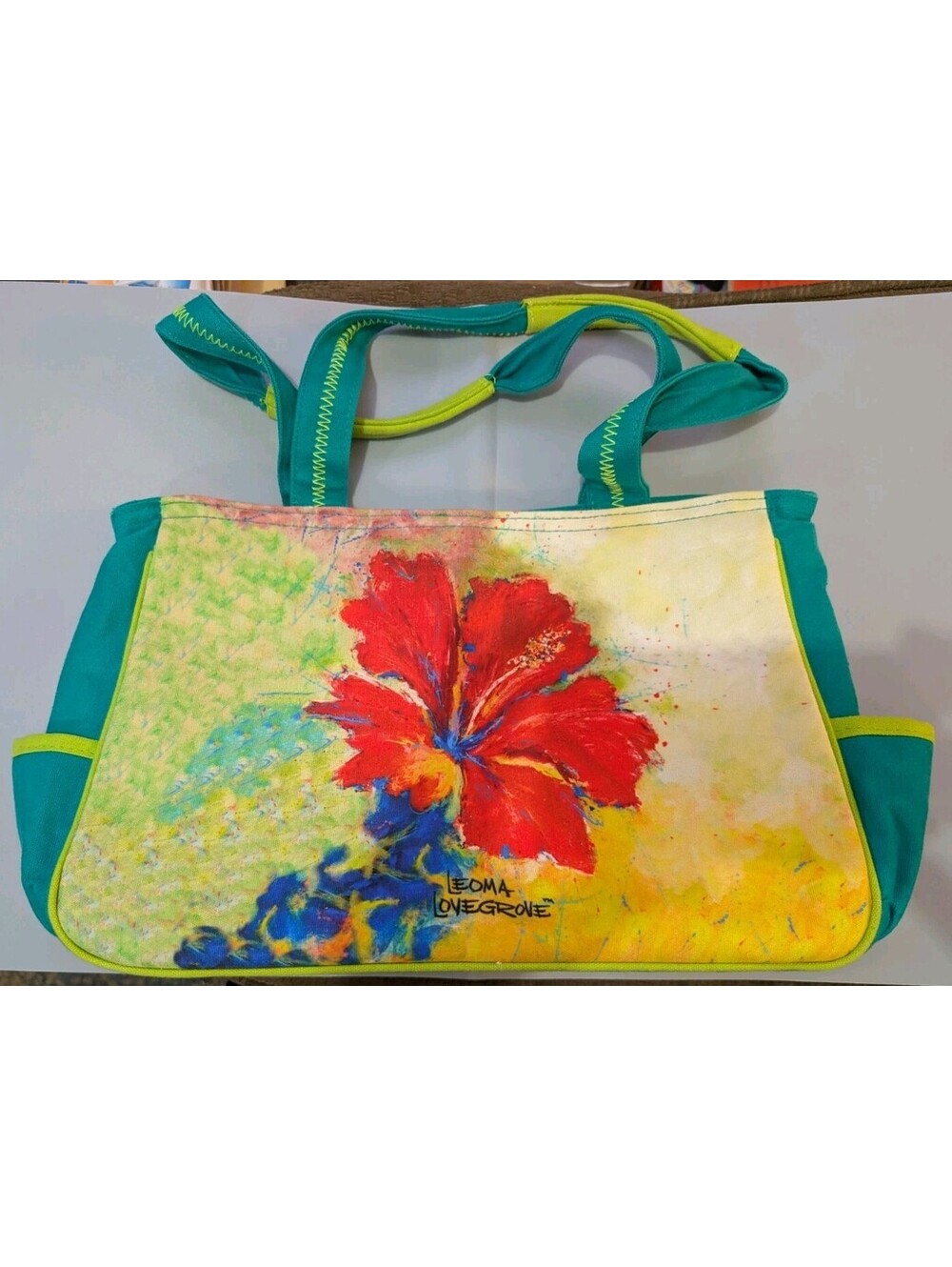 Leoma Lovegrove Canvas Tote Beach Bag with Red Hibiscus Flower Artwork, Teal and